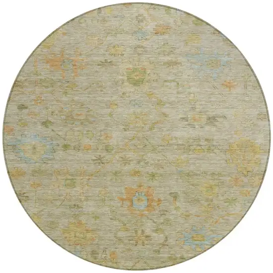 8' Khaki And Beige Round Floral Washable Indoor Outdoor Area Rug Photo 3