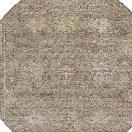 8' Khaki And Beige Round Floral Washable Indoor Outdoor Area Rug Photo 4