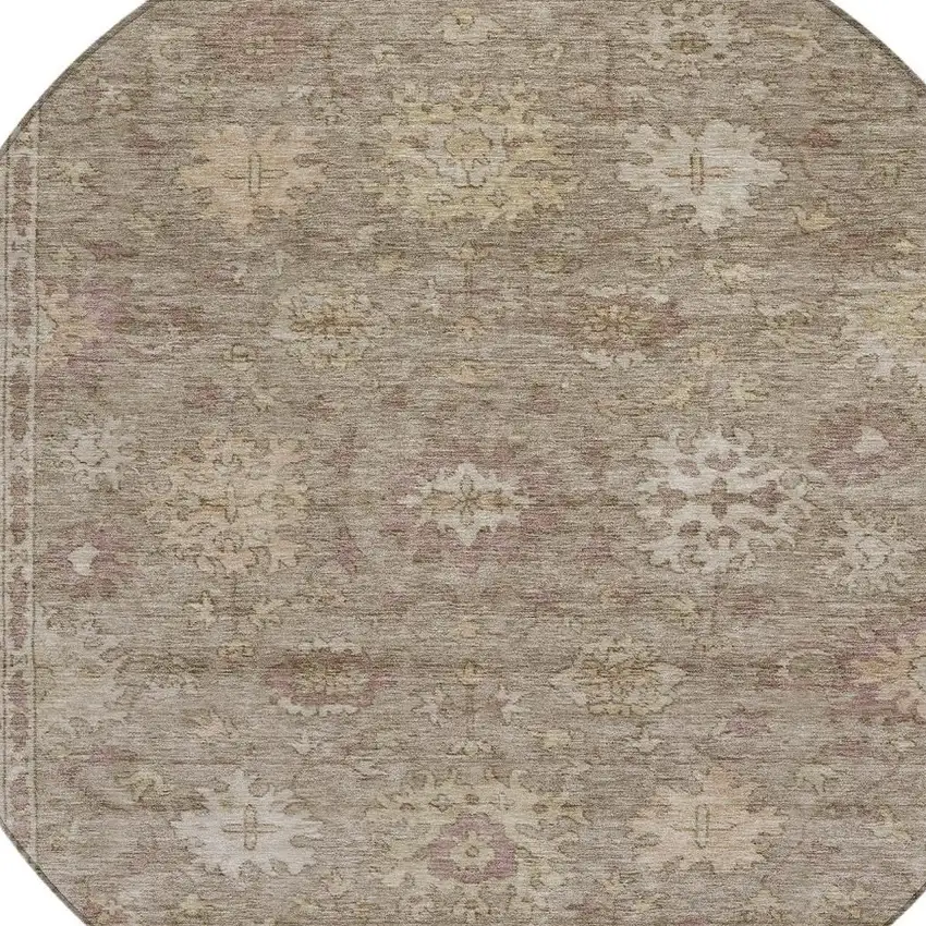 8' Khaki And Beige Round Floral Washable Indoor Outdoor Area Rug Photo 4