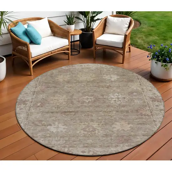 8' Khaki And Beige Round Floral Washable Indoor Outdoor Area Rug Photo 2