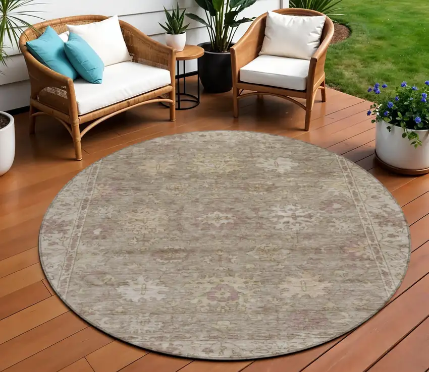 8' Khaki And Beige Round Floral Washable Indoor Outdoor Area Rug Photo 2