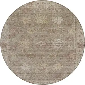 Photo of 8' Khaki And Beige Round Floral Washable Indoor Outdoor Area Rug