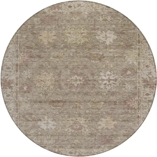 8' Khaki And Beige Round Floral Washable Indoor Outdoor Area Rug Photo 1