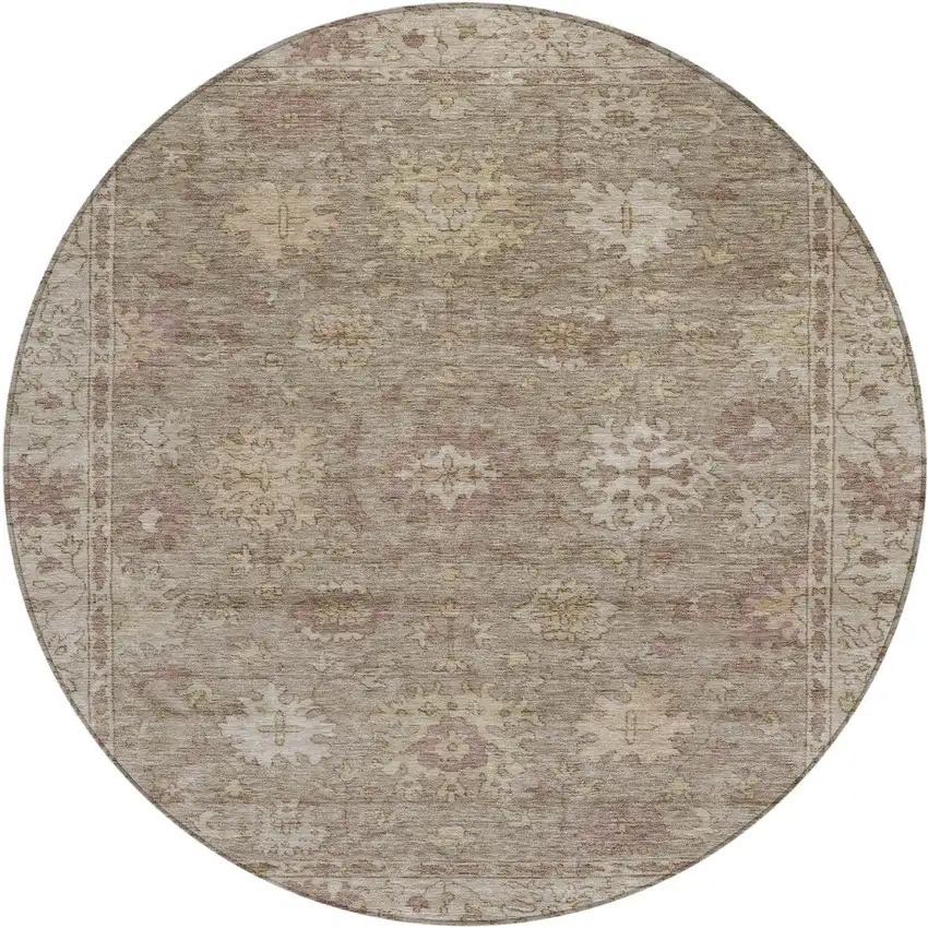 8' Khaki And Beige Round Floral Washable Indoor Outdoor Area Rug Photo 1