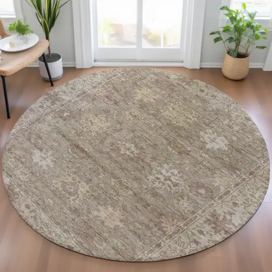 8' Khaki And Beige Round Floral Washable Indoor Outdoor Area Rug Photo 6