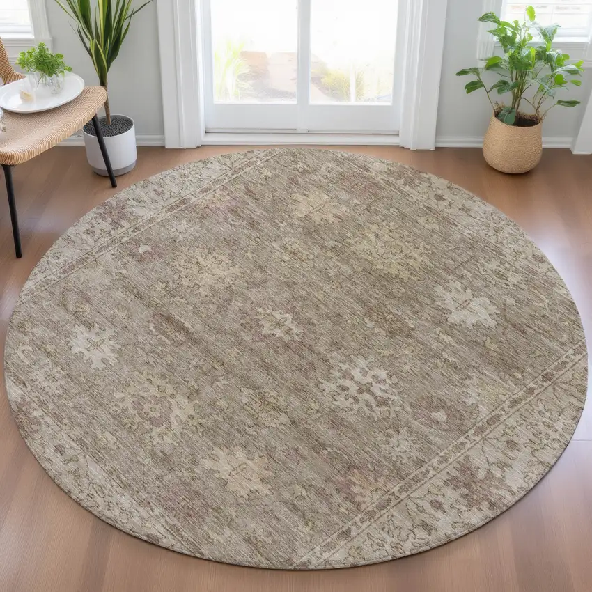 8' Khaki And Beige Round Floral Washable Indoor Outdoor Area Rug Photo 6