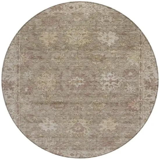 8' Khaki And Beige Round Floral Washable Indoor Outdoor Area Rug Photo 3