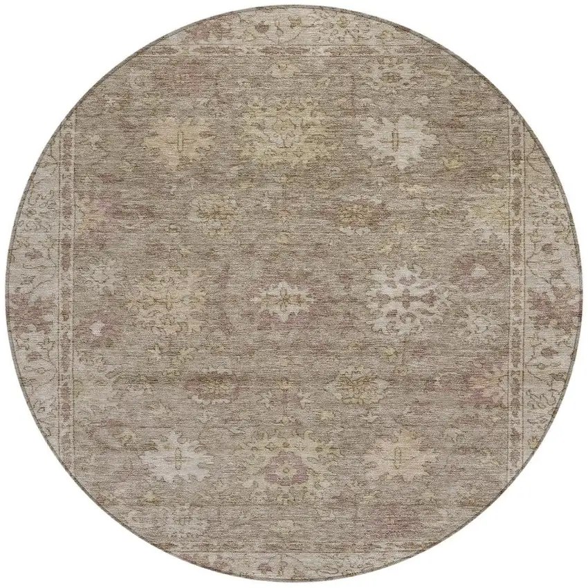 8' Khaki And Beige Round Floral Washable Indoor Outdoor Area Rug Photo 3