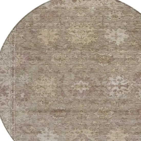 8' Khaki And Beige Round Floral Washable Indoor Outdoor Area Rug Photo 9