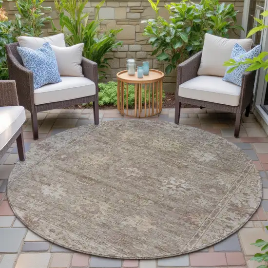 8' Khaki And Beige Round Floral Washable Indoor Outdoor Area Rug Photo 7