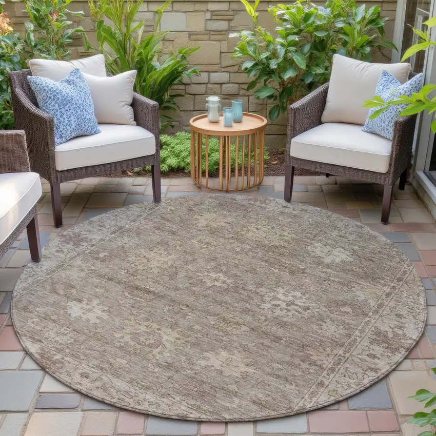 8' Khaki And Beige Round Floral Washable Indoor Outdoor Area Rug Photo 7