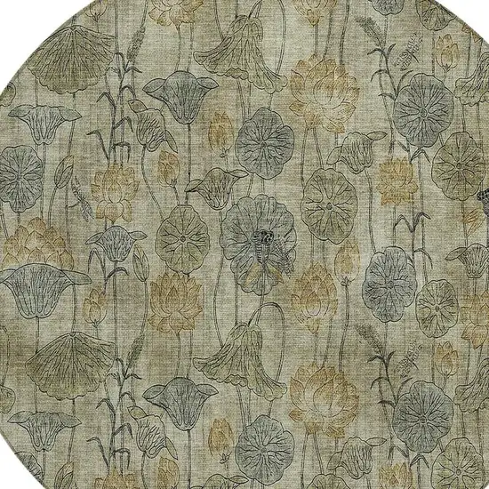 8' Khaki And Beige Round Floral Washable Indoor Outdoor Area Rug Photo 5