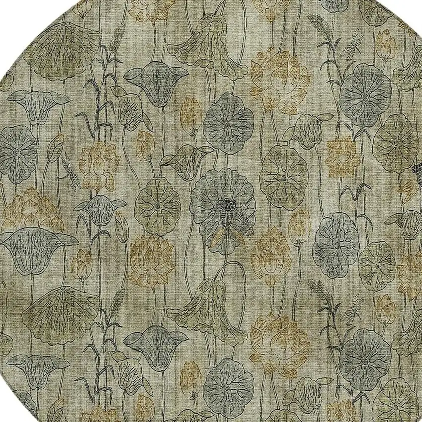 8' Khaki And Beige Round Floral Washable Indoor Outdoor Area Rug Photo 5