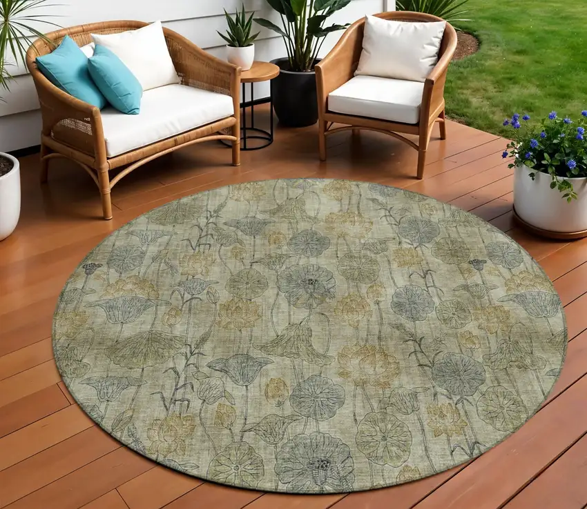 8' Khaki And Beige Round Floral Washable Indoor Outdoor Area Rug Photo 2