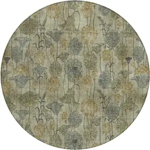 Photo of 8' Khaki And Beige Round Floral Washable Indoor Outdoor Area Rug