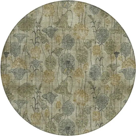 8' Khaki And Beige Round Floral Washable Indoor Outdoor Area Rug Photo 1