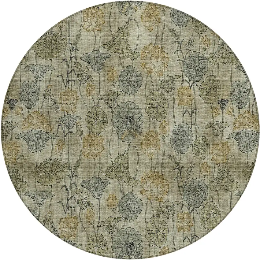 8' Khaki And Beige Round Floral Washable Indoor Outdoor Area Rug Photo 1