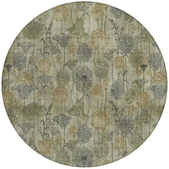 8' Khaki And Beige Round Floral Washable Indoor Outdoor Area Rug Photo 3