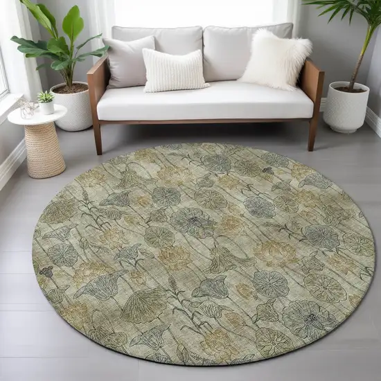 8' Khaki And Beige Round Floral Washable Indoor Outdoor Area Rug Photo 7