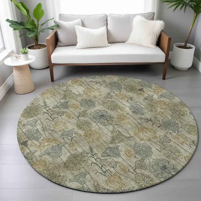 8' Khaki And Beige Round Floral Washable Indoor Outdoor Area Rug Photo 7