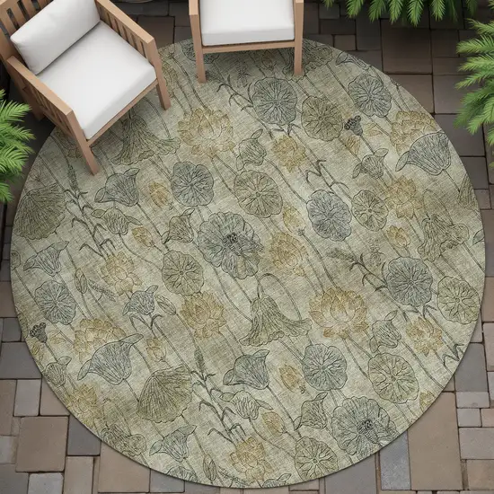 8' Khaki And Beige Round Floral Washable Indoor Outdoor Area Rug Photo 6