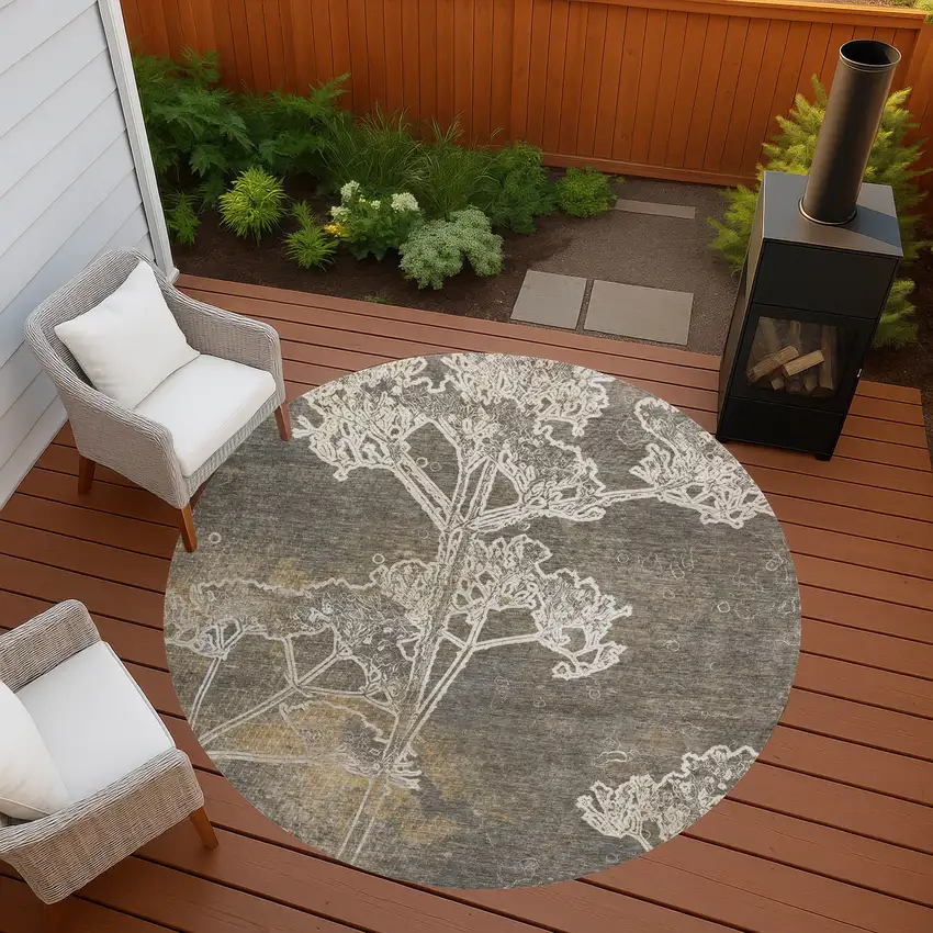 8' Khaki And Beige Round Floral Washable Indoor Outdoor Area Rug Photo 9