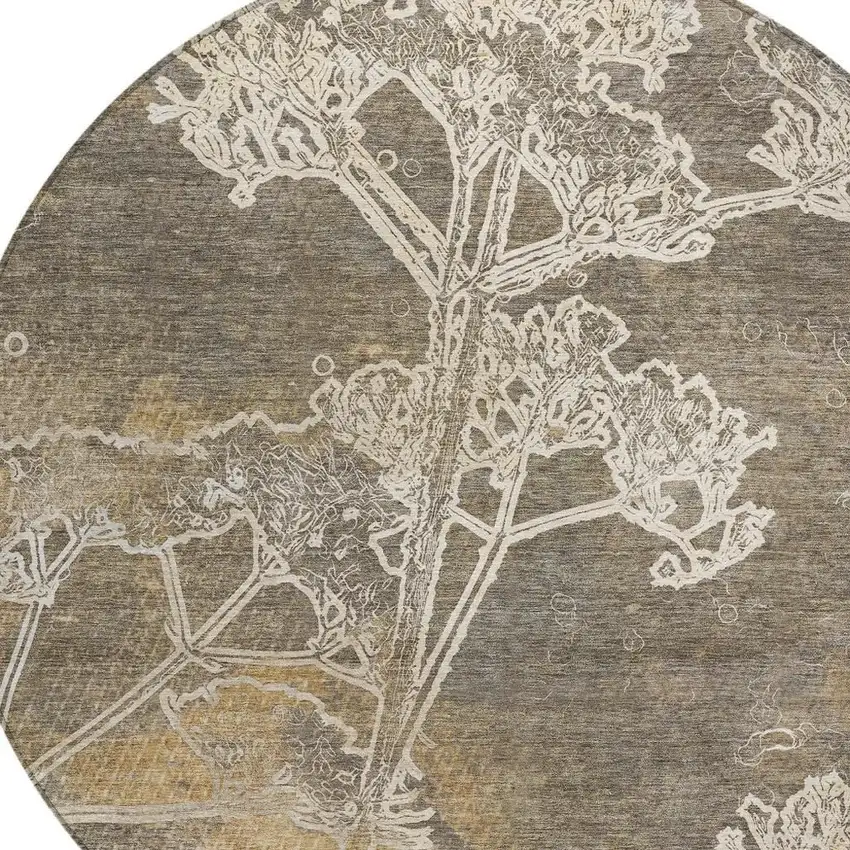 8' Khaki And Beige Round Floral Washable Indoor Outdoor Area Rug Photo 6