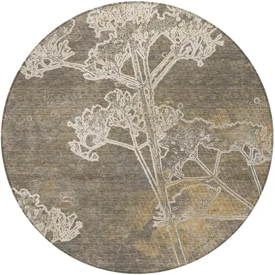 8' Khaki And Beige Round Floral Washable Indoor Outdoor Area Rug Photo 5