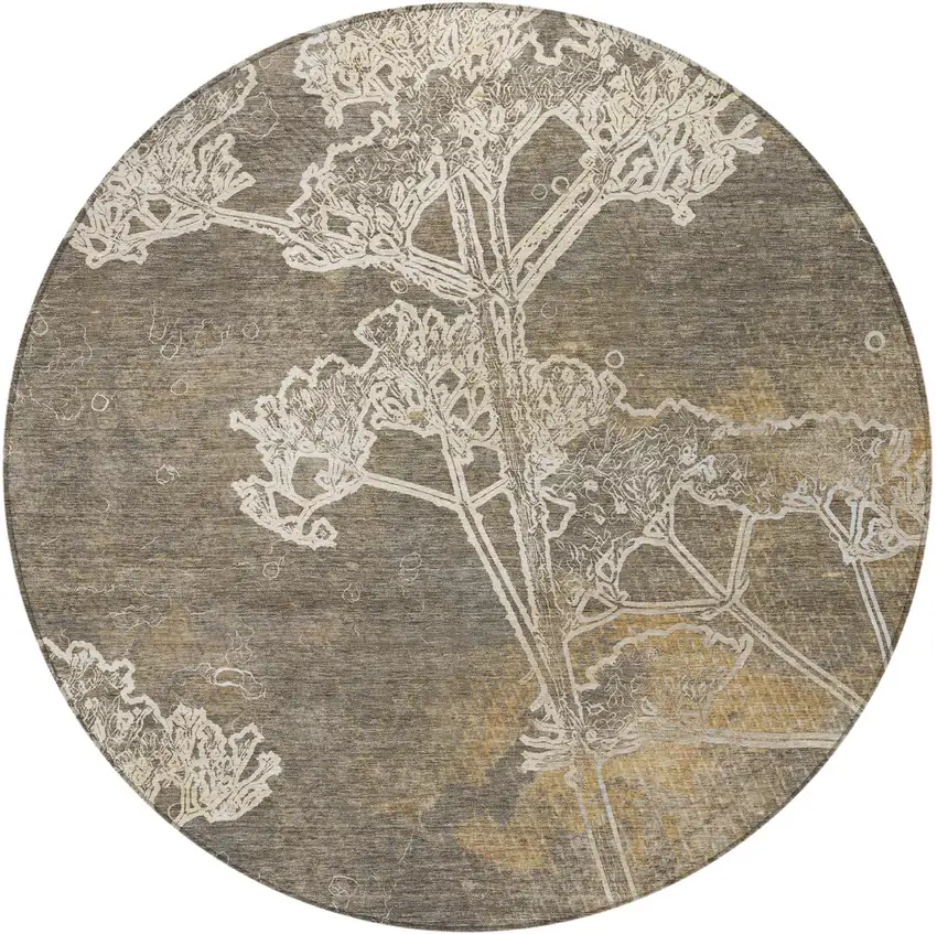 8' Khaki And Beige Round Floral Washable Indoor Outdoor Area Rug Photo 5