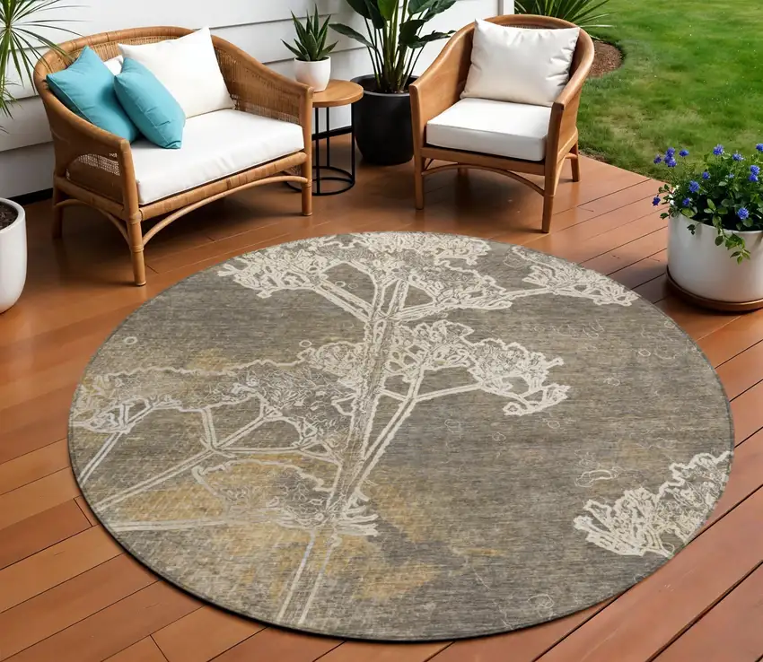 8' Khaki And Beige Round Floral Washable Indoor Outdoor Area Rug Photo 1