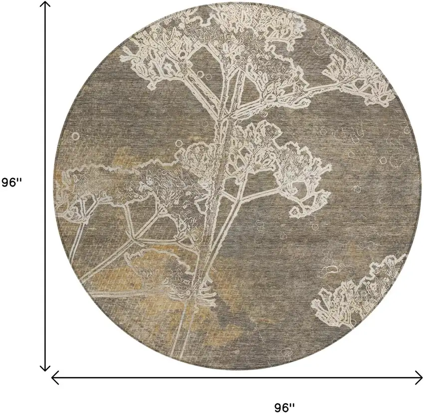 8' Khaki And Beige Round Floral Washable Indoor Outdoor Area Rug Photo 3
