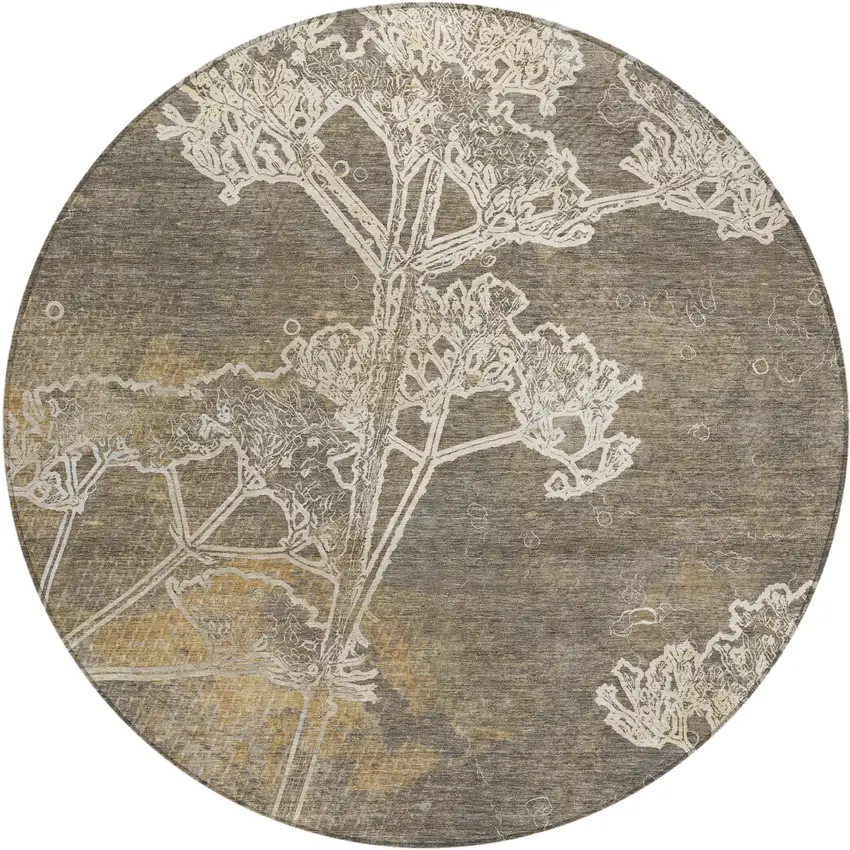8' Khaki And Beige Round Floral Washable Indoor Outdoor Area Rug Photo 2