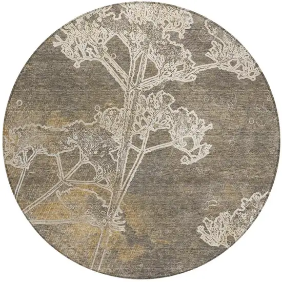 8' Khaki And Beige Round Floral Washable Indoor Outdoor Area Rug Photo 4