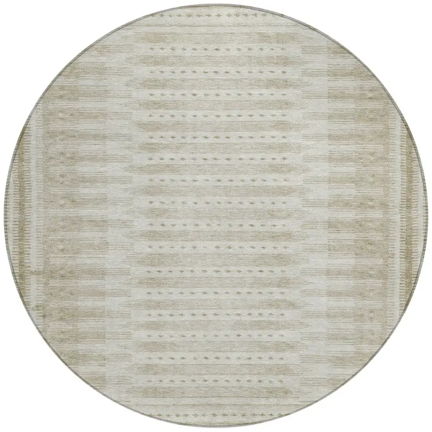 8' Khaki And Beige Round Geometric Washable Indoor Outdoor Area Rug Photo 3