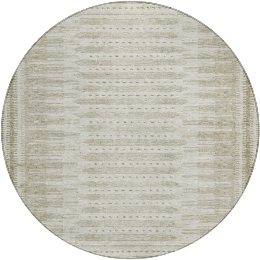 8' Khaki And Beige Round Geometric Washable Indoor Outdoor Area Rug Photo 1