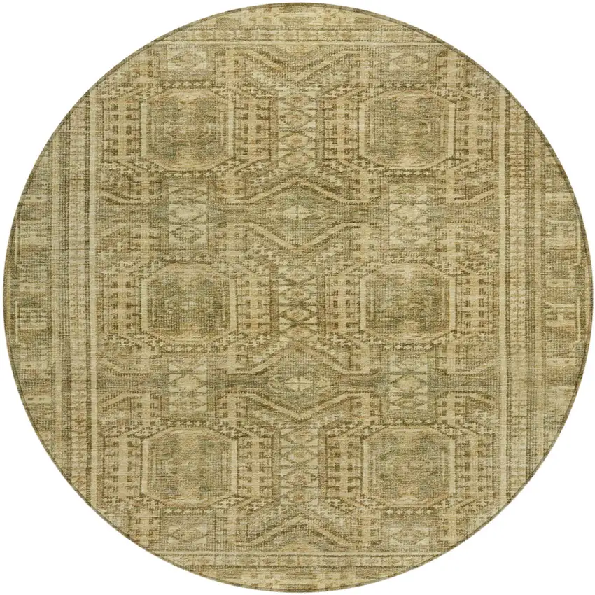 8' Khaki And Beige Round Geometric Washable Indoor Outdoor Area Rug Photo 1
