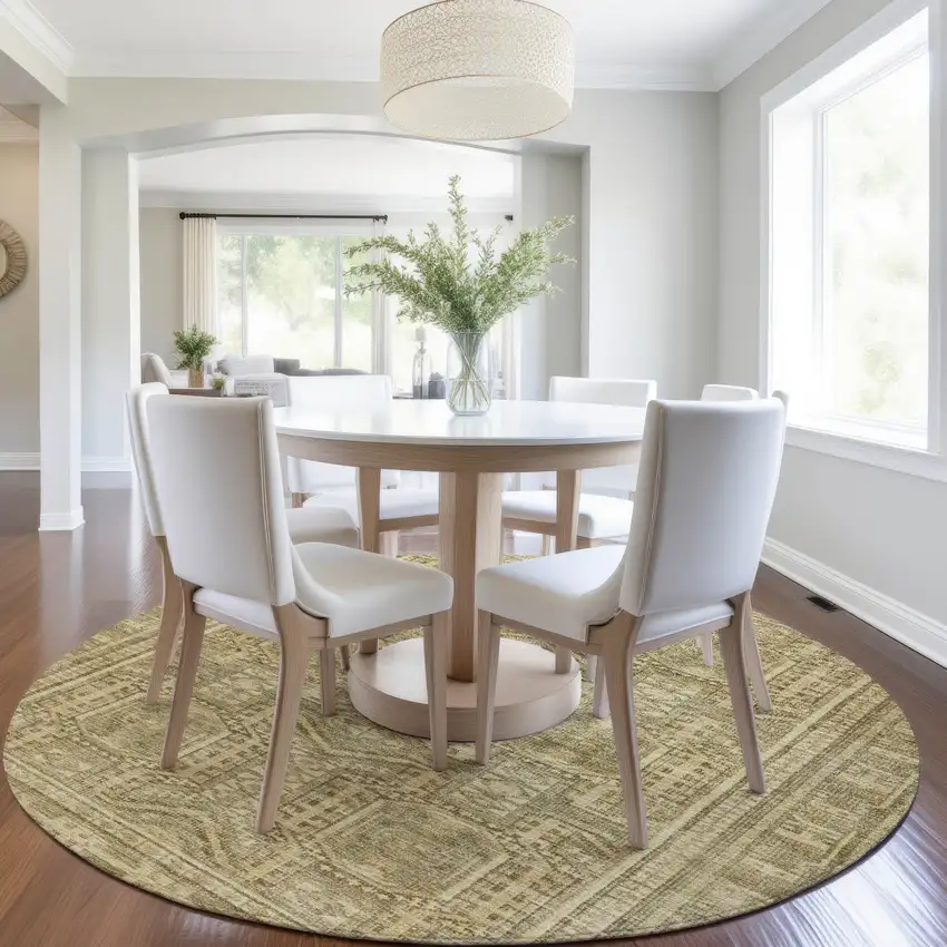 8' Khaki And Beige Round Geometric Washable Indoor Outdoor Area Rug Photo 7