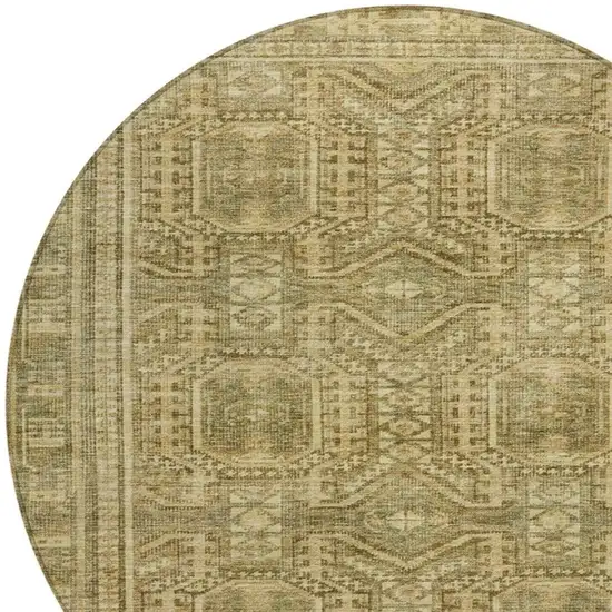 8' Khaki And Beige Round Geometric Washable Indoor Outdoor Area Rug Photo 4