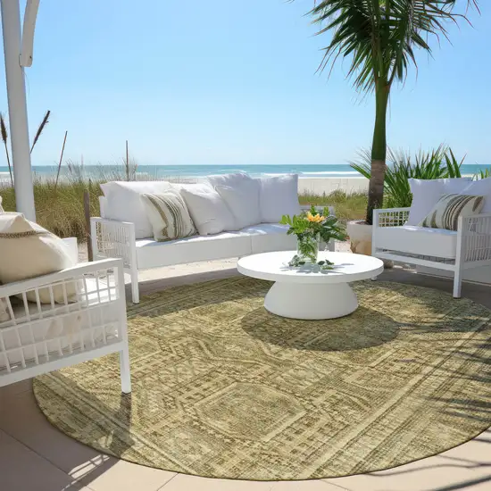 8' Khaki And Beige Round Geometric Washable Indoor Outdoor Area Rug Photo 6