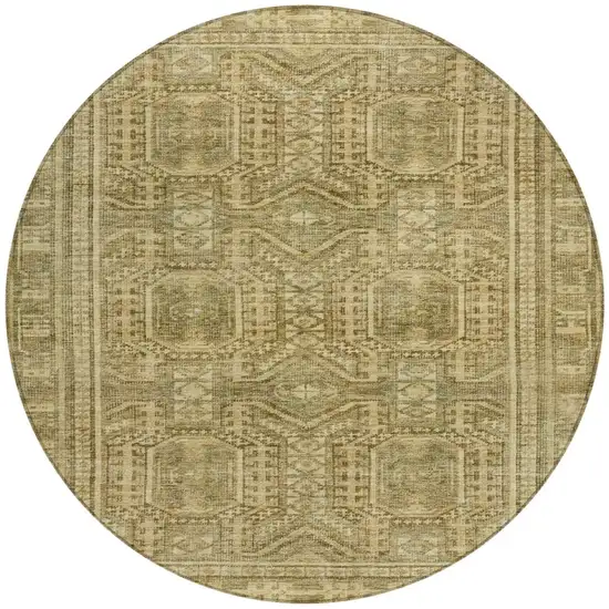 8' Khaki And Beige Round Geometric Washable Indoor Outdoor Area Rug Photo 3