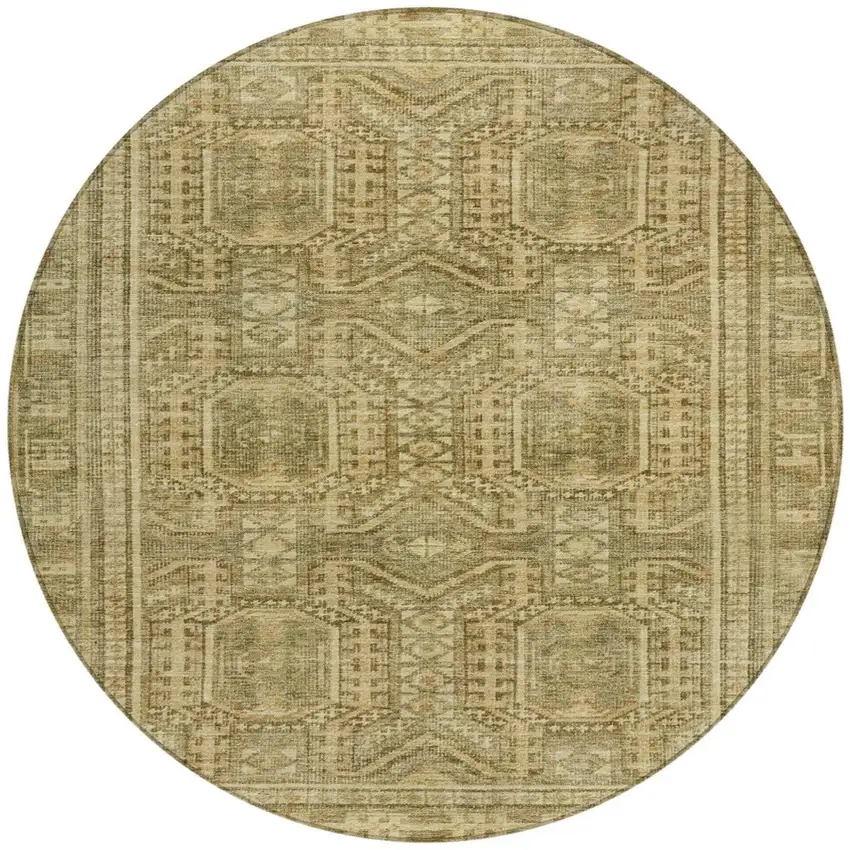 8' Khaki And Beige Round Geometric Washable Indoor Outdoor Area Rug Photo 3