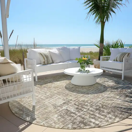 8' Khaki And Beige Round Geometric Washable Indoor Outdoor Area Rug Photo 5