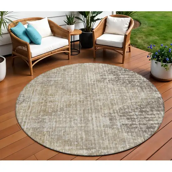 8' Khaki And Beige Round Geometric Washable Indoor Outdoor Area Rug Photo 2