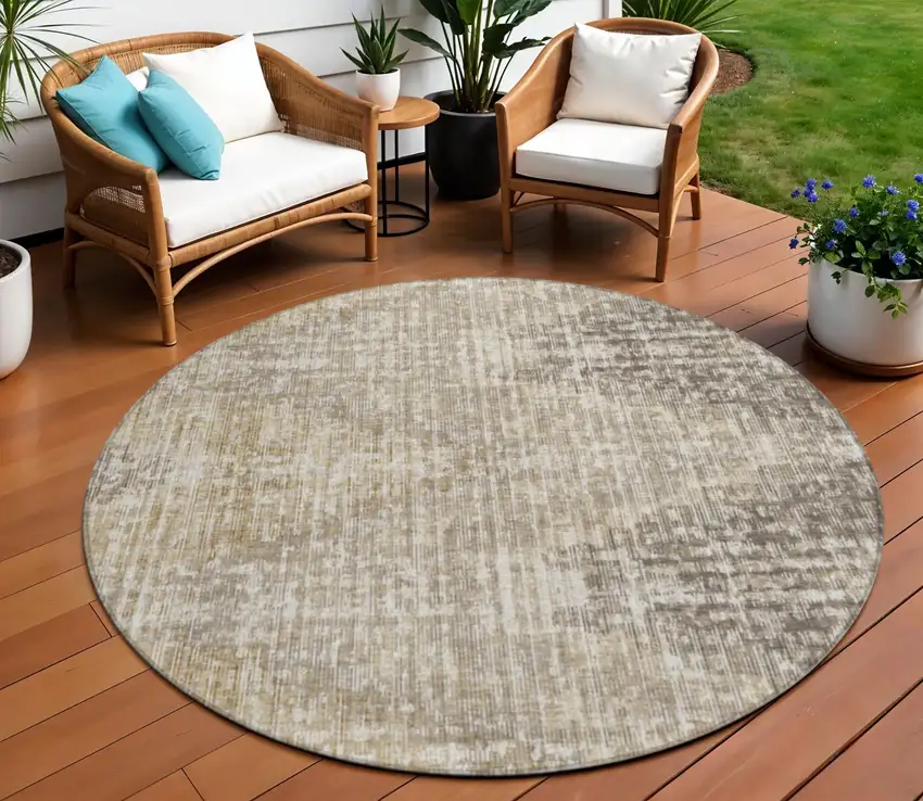 8' Khaki And Beige Round Geometric Washable Indoor Outdoor Area Rug Photo 2