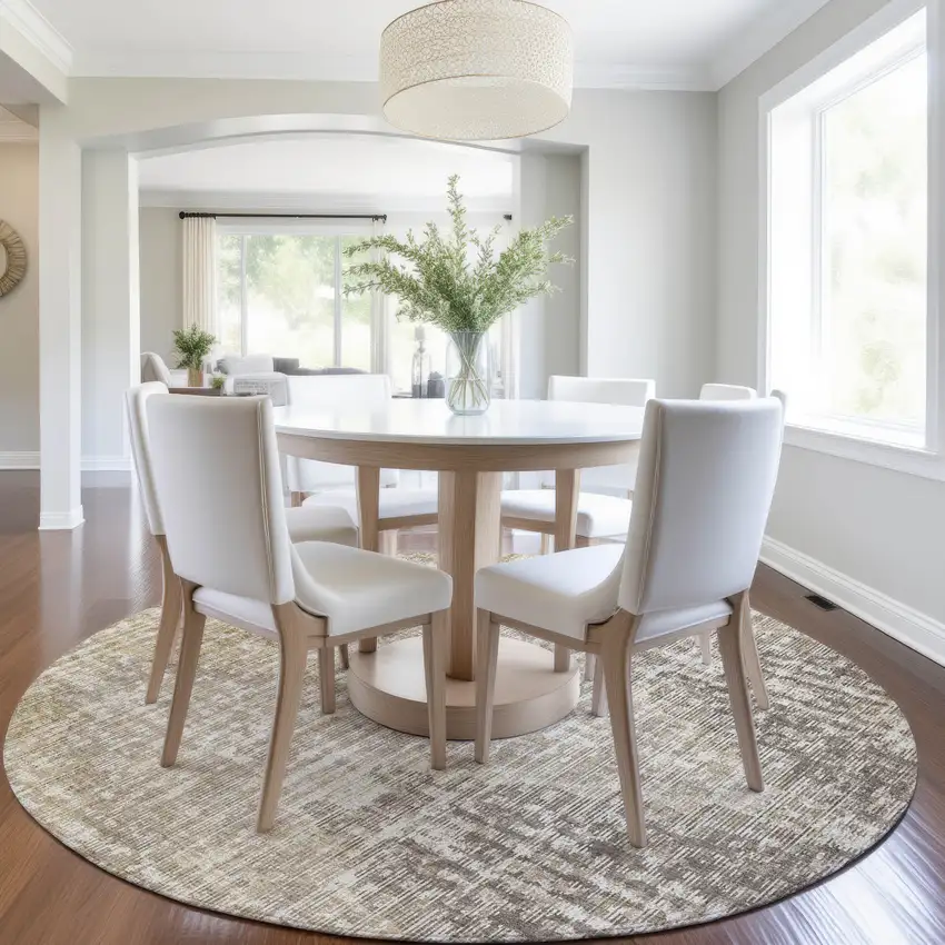 8' Khaki And Beige Round Geometric Washable Indoor Outdoor Area Rug Photo 6