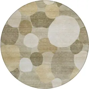 Photo of 8' Khaki And Beige Round Geometric Washable Indoor Outdoor Area Rug