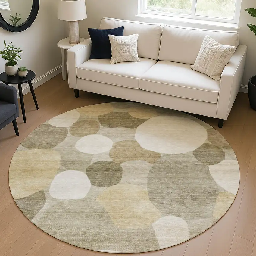 8' Khaki And Beige Round Geometric Washable Indoor Outdoor Area Rug Photo 5