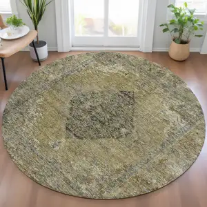 Photo of 8' Khaki And Beige Round Medallion Washable Indoor Outdoor Area Rug