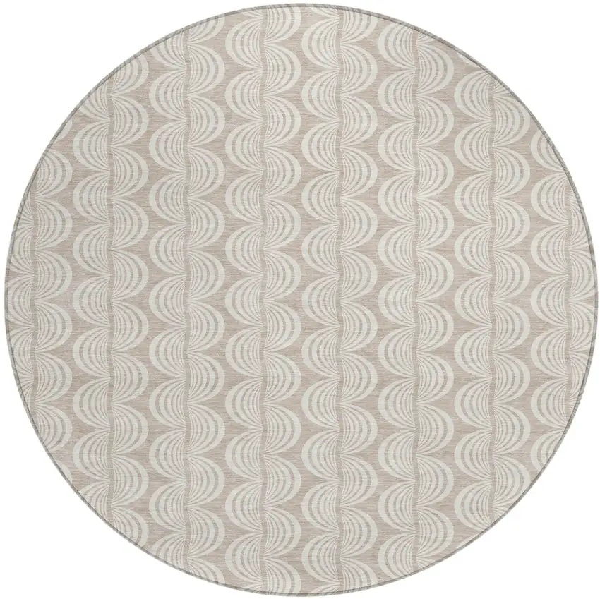 8' Khaki And Beige Round Ogee Washable Indoor Outdoor Area Rug Photo 2
