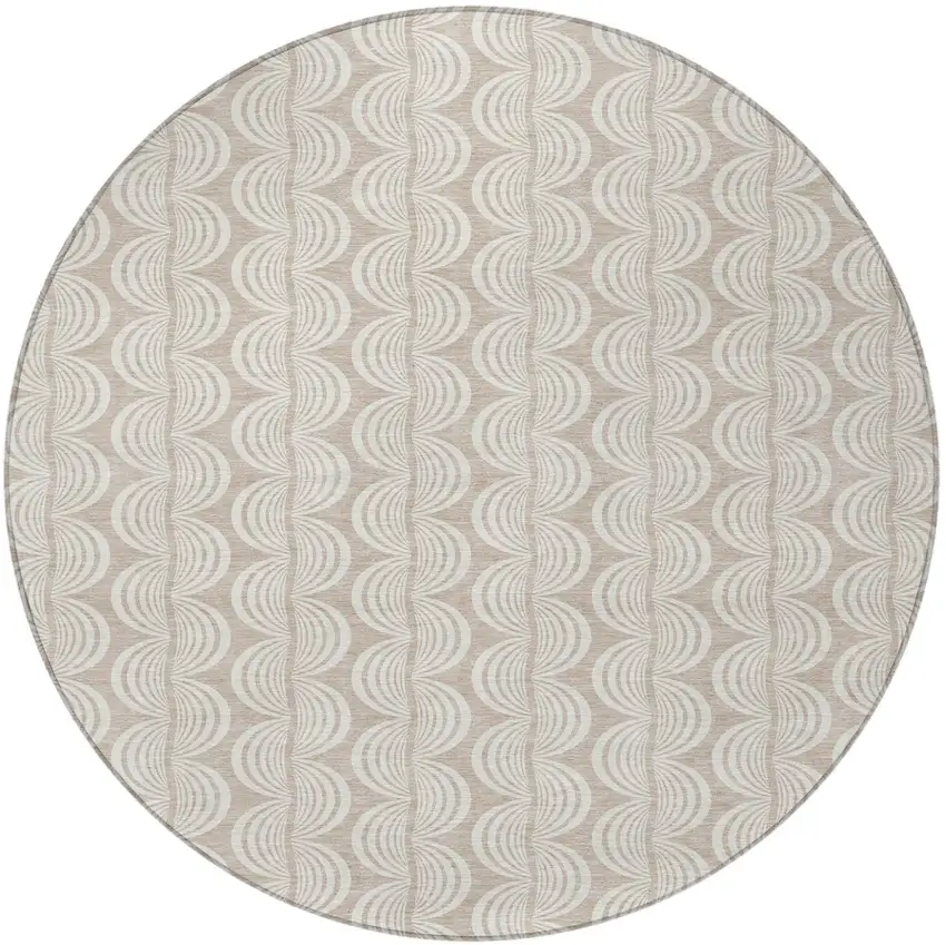 8' Khaki And Beige Round Ogee Washable Indoor Outdoor Area Rug Photo 6